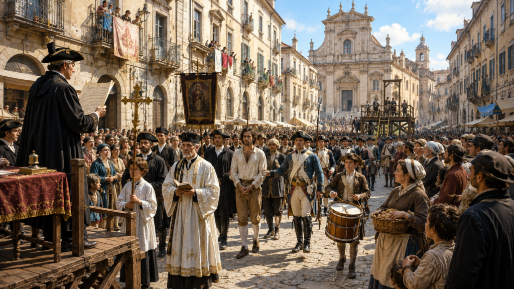 Processione della morte - Scripta Manent Italia Processione del condannato verso il patibolo in una piazza storica con lettura della sentenza, clero, tamburino e folla assiepata davanti alla cattedrale
