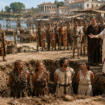 Roman-era crowd watches as four prisoners stand in a pit while armored soldiers and officials oversee a public spectacle by the river.