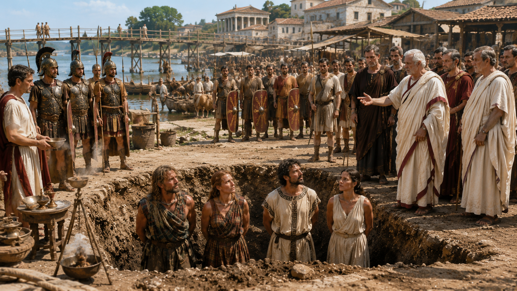 Roman soldiers and citizens gather around a freshly dug pit where four captives stand waist-deep, while onlookers in tunics and robes watch; a harbor, wooden bridge, and ancient buildings form the bustling background.