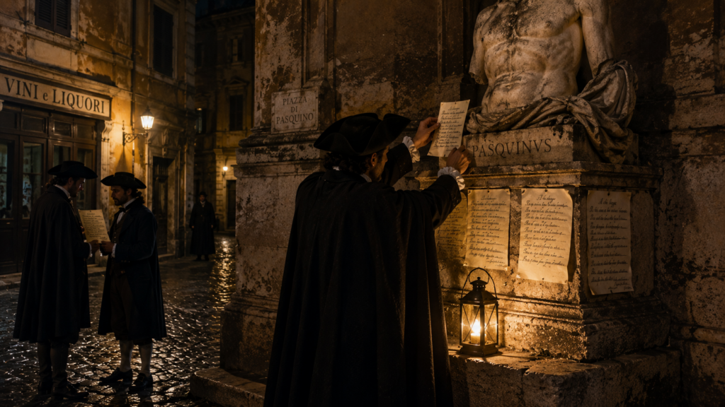 Quando il coltello diventa penna e viceversa - Scripta Manent Italia Uomo affigge di notte una pasquinata sulla statua di Pasquino a Roma, con testimoni sullo sfondo