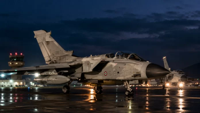 Quando lItalia bombardò Belgrado La guerra umanitaria Caccia bombardiere Tornado dell'Aeronautica Militare italiana pronto al decollo notturno da una base aerea, missione NATO Kosovo 1999