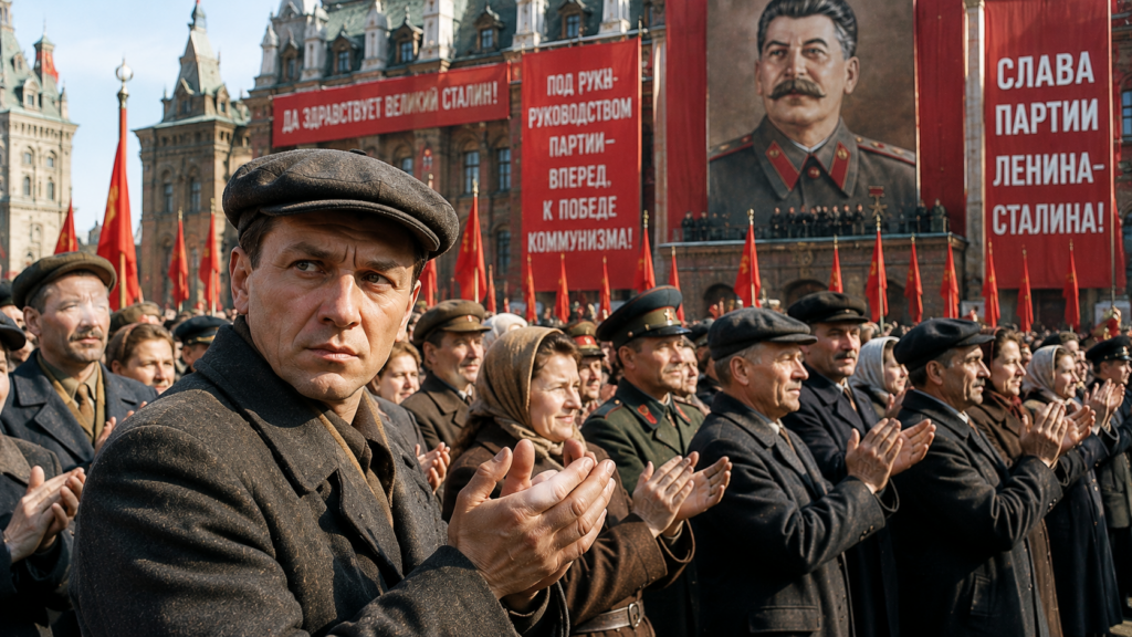 Quando la finzione condivisa diventa più forte della realtà - Scripta Manent Italia Folla sovietica applaude in una piazza durante una parata di propaganda, con enorme ritratto di Stalin e striscioni che inneggiano al partito e alla vittoria del comunismo