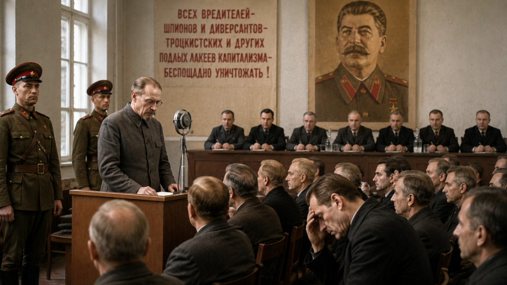 Se lui confessa forse mi sbaglio io - Scripta Manent Italia Vecchio dirigente confessa crimini davanti a un tribunale sovietico, sotto un manifesto contro i nemici del popolo e un grande ritratto di Stalin, mentre gli imputati in sala ascoltano a testa bassa