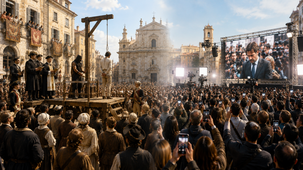 Spettacolo del castigo ieri e oggi - Scripta Manent Italia Confronto simbolico tra un'esecuzione pubblica d'epoca in piazza e uno schermo moderno con telecamere e smartphone che riprendono l'evento in diretta