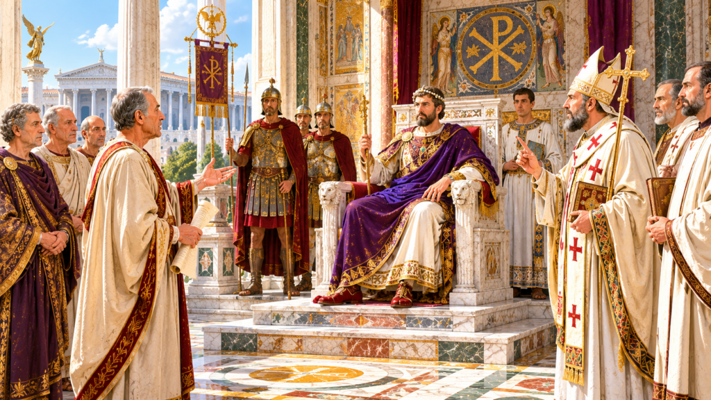 Teodosio I 381395 - Scripta Manent Italia Teodosio I sul trono imperiale con il vescovo Ambrogio, senatori pagani e simbolo cristiano Chi-Rho, editti anti-pagani tardo IV secolo