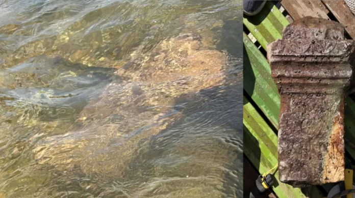 Altare-Danubio Two-panel image: left side shows clear water with rocks beneath, right side shows a rusty, textured metal post on a green wooden dock deck.