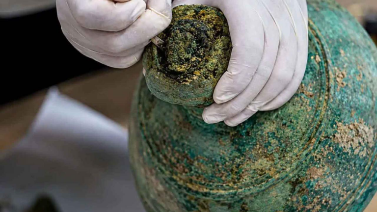 Gloved hands carefully handling a small, heavily patinated green bronze vessel during conservation.