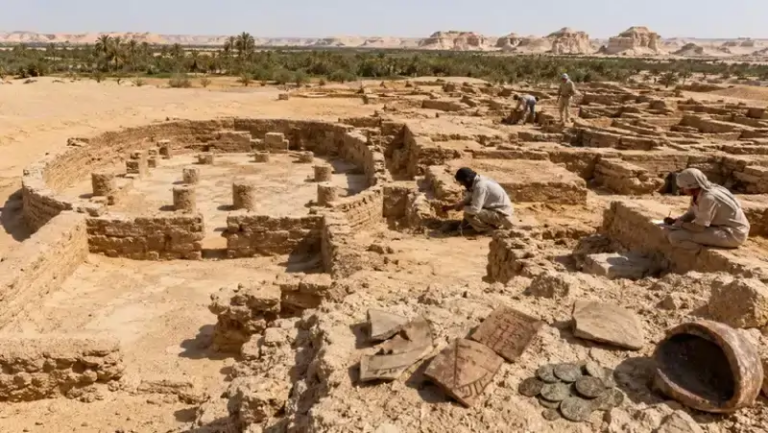 Archaeologists excavating ancient ruins in a desert site, circular stone foundations exposed, with coins and pottery fragments nearby