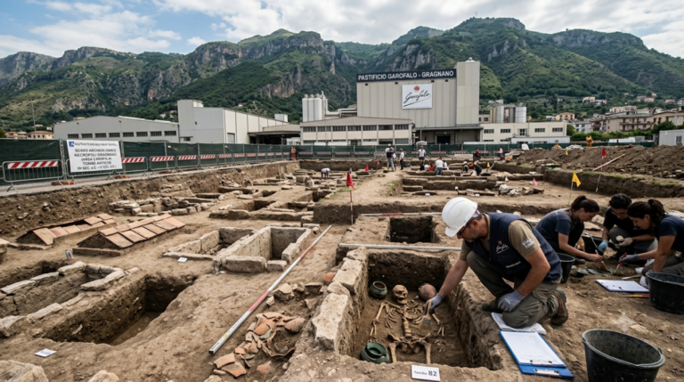 Archaeologists excavate a large site with exposed tombs and a skeleton, near a factory and green mountains in the background.
