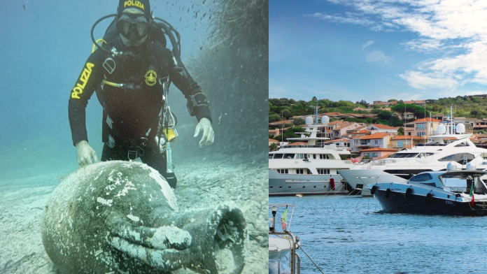 Underwater scene: a police diver in scuba gear inspects a large rounded object on the sea floor.