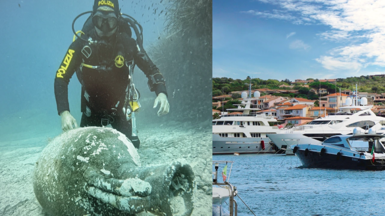 Underwater scene: a police diver in scuba gear inspects a large rounded object on the sea floor.