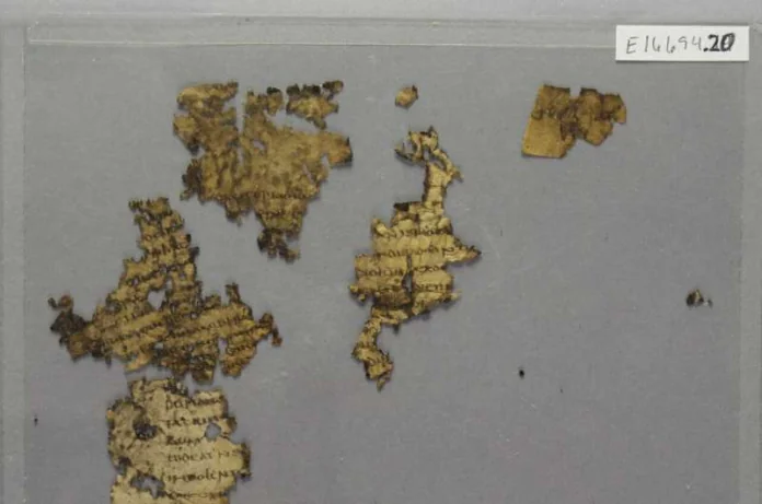Torn parchment fragments with faded handwritten text laid on a gray display background, with a small label in the top-right corner.