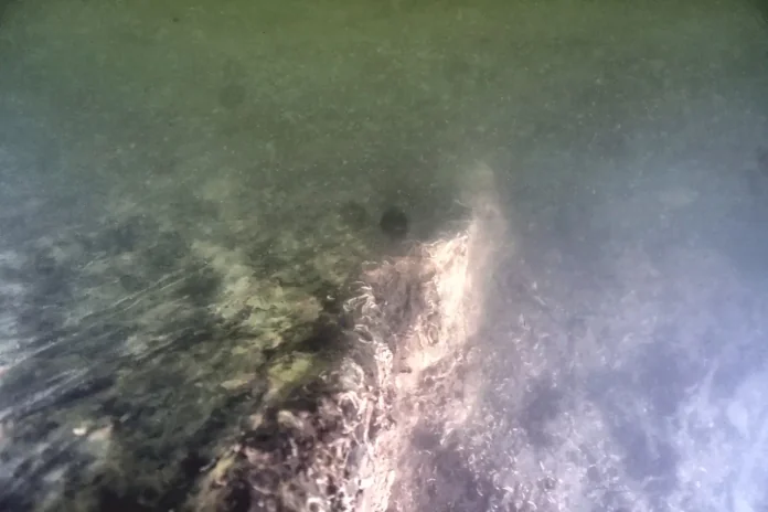 Underwater view of a rocky ledge along a cave-like wall, with greenish water and light filtering from above