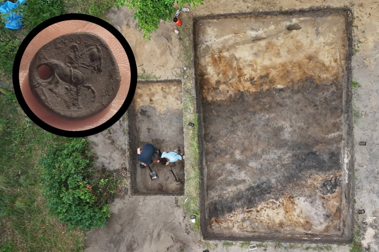 Aerial view of two rectangular excavation pits with two workers digging; inset shows a fossil imprint of a crab in sediment circle.