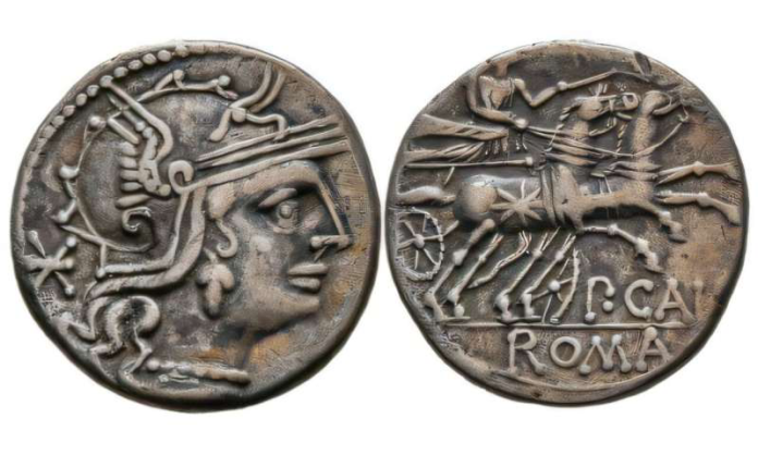Ancient coin showing a helmeted profile on the left and a dynamic chariot scene on the right, with ROMA inscribed at the bottom.