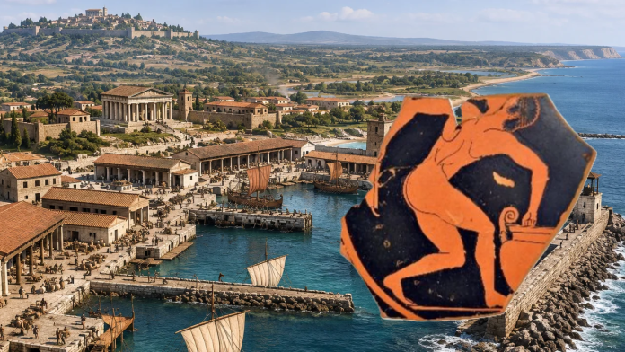 Ancient harbor town with stone buildings, temple, and ships at the quay; a large orange abstract sculpture overlays the right side.