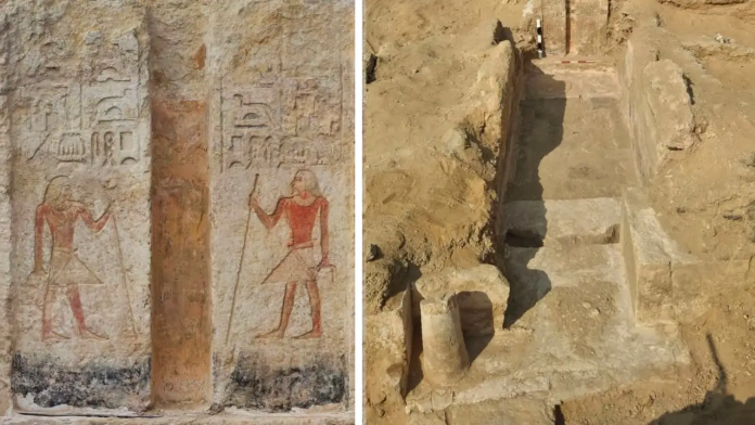 Ancient Egyptian relief showing two figures and hieroglyphs carved on limestone surface.