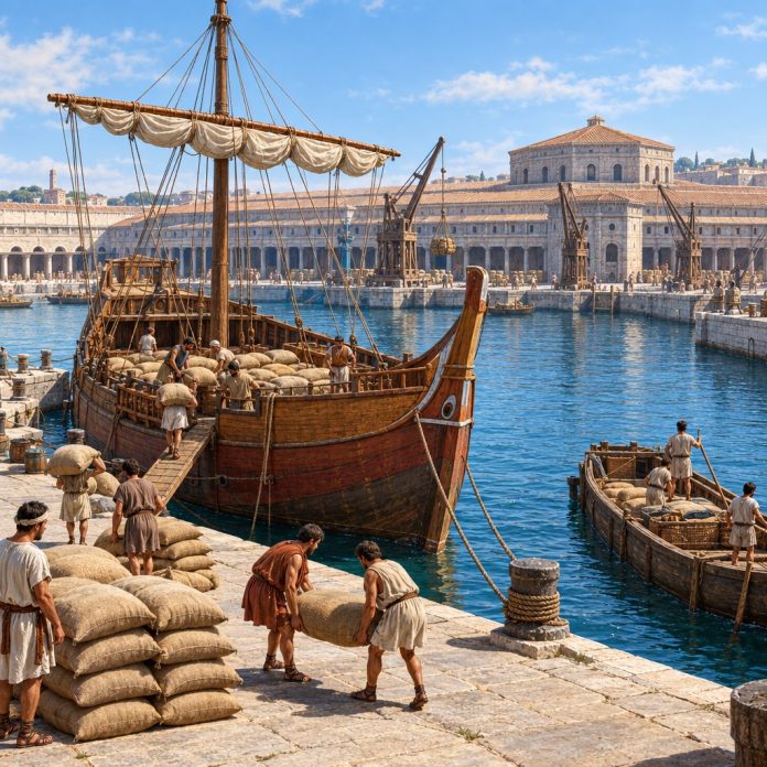 Ricostruzione illustrativa del porto romano di Portus con una nave granaria e lavoratori che scaricano sacchi di frumento