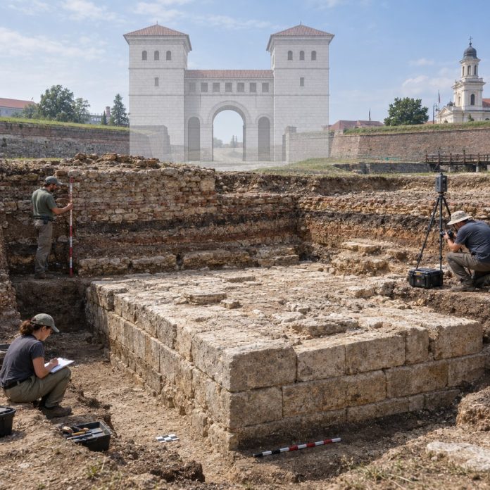 Illustrazione archeologica dello scavo della Porta Praetoria del castrum romano di Apulum ad Alba Iulia, in Romania