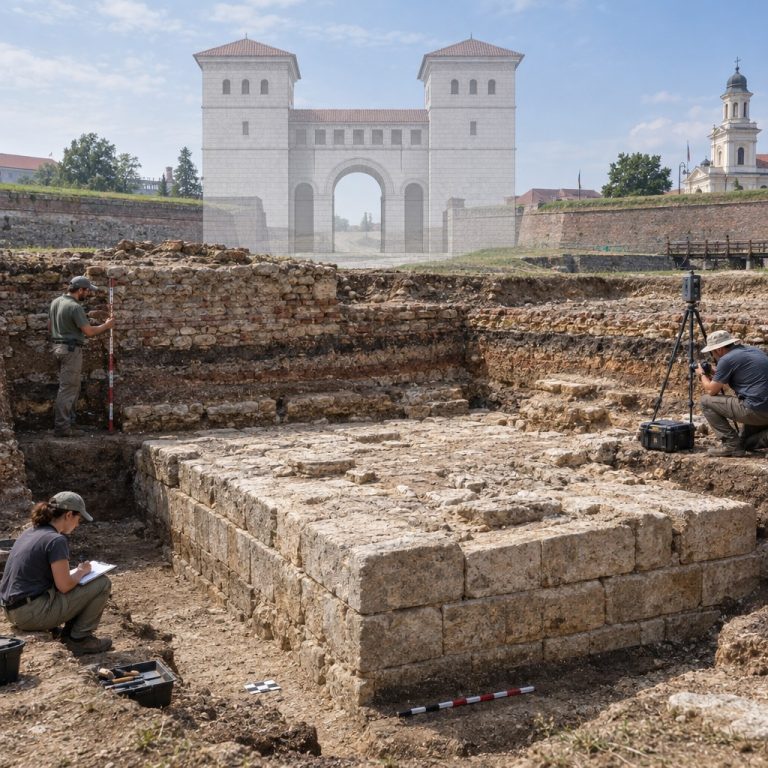 Illustrazione archeologica dello scavo della Porta Praetoria del castrum romano di Apulum ad Alba Iulia, in Romania