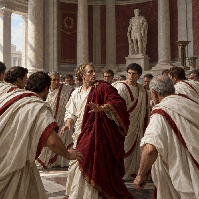 Ricostruzione illustrativa di Giulio Cesare circondato dai congiurati nella Curia di Pompeo alle idi di marzo