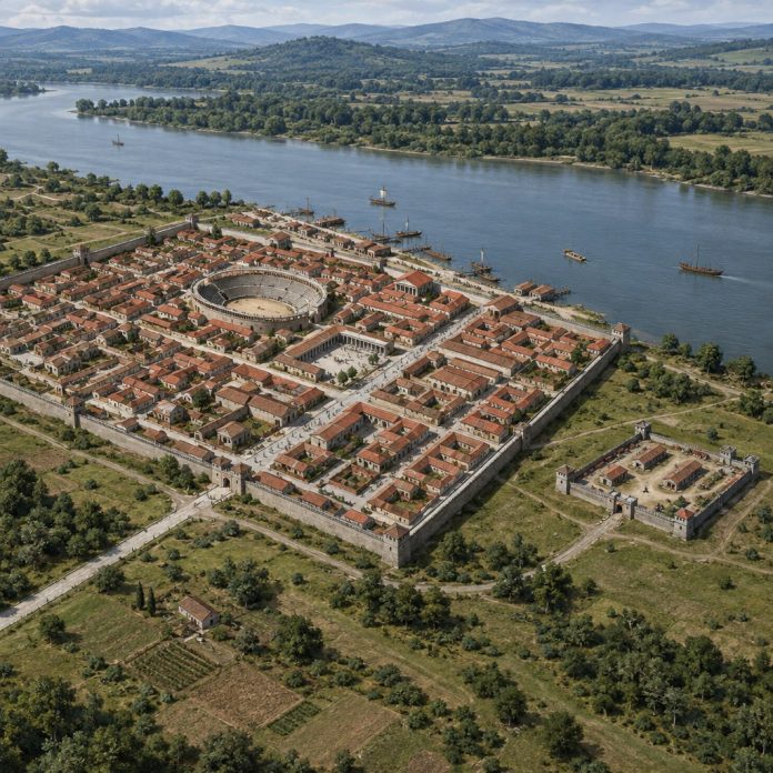 Ricostruzione illustrativa della città romana individuata presso St. Pantaleon-Erla in Austria, con reticolo stradale e anfiteatro