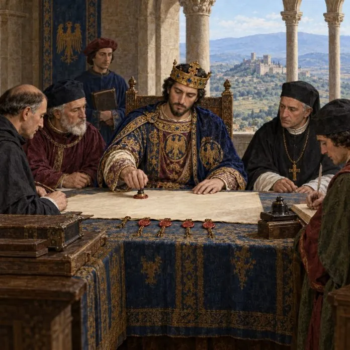 Ricostruzione illustrativa di Federico II e dei suoi giuristi durante la promulgazione delle Costituzioni di Melfi