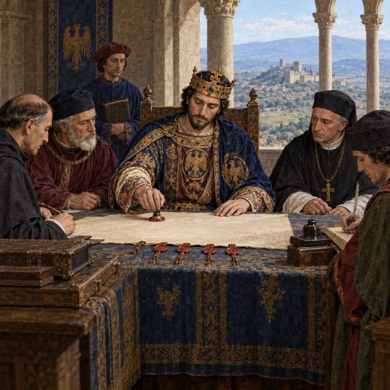 Ricostruzione illustrativa di Federico II e dei suoi giuristi durante la promulgazione delle Costituzioni di Melfi