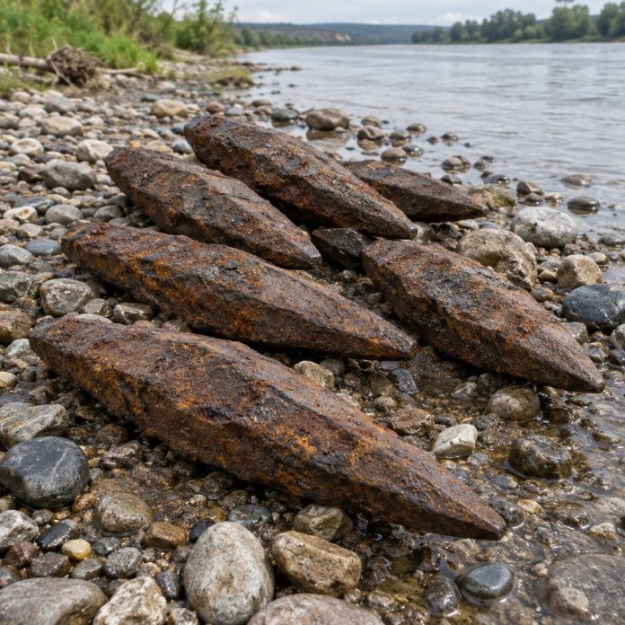 Barre di ferro dell’Età del Ferro dal Danubio Ricostruzione illustrativa di barre di ferro della tarda Età del Ferro presso il Danubio, ispirata al ritrovamento di Deinham
