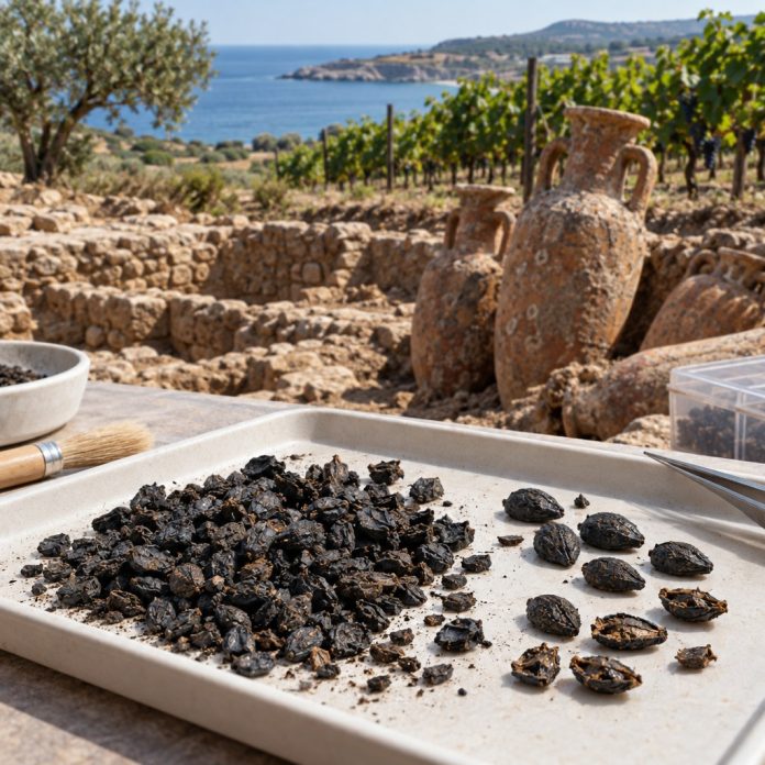 Ricostruzione editoriale di vinaccioli archeologici e anfore fenicie legati allo studio sulla viticoltura antica in Iberia