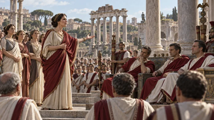 donne-politica-roma A robed Roman woman speaks to a seated assembly of officials in ancient ruins with columns behind them.