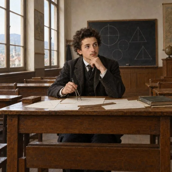 Einstein e il mito della matematica Ricostruzione illustrativa del giovane Albert Einstein mentre studia geometria in una scuola svizzera