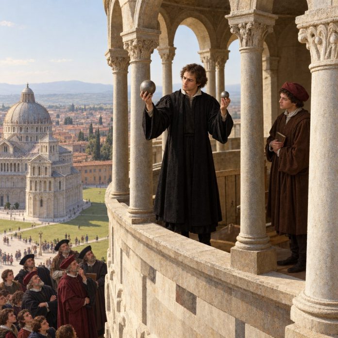 Galileo e l’esperimento dalla Torre di Pisa Ricostruzione illustrativa di Galileo con due sfere sulla Torre di Pisa durante il celebre esperimento