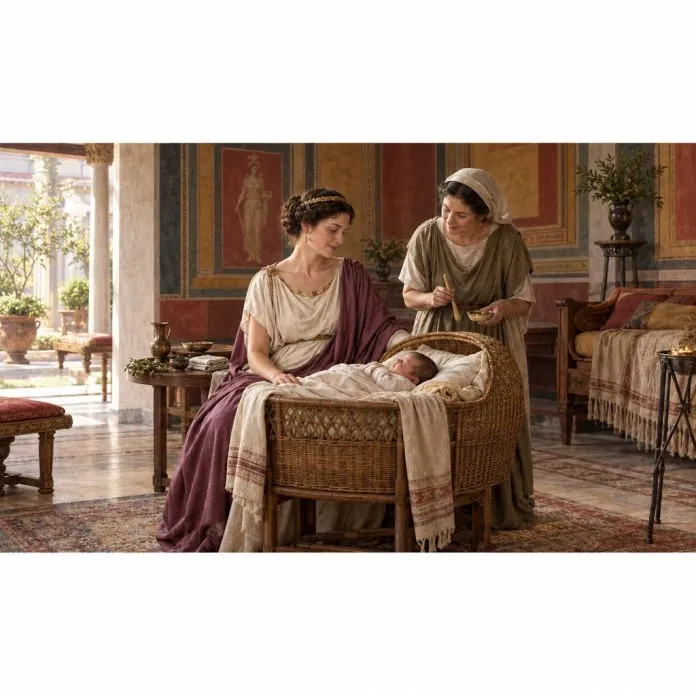 Ricostruzione illustrativa di Aurelia, madre di Giulio Cesare, con un neonato nella Roma repubblicana