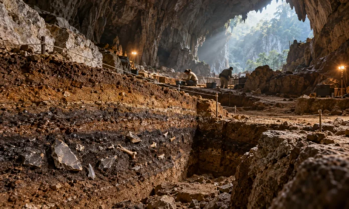 Scavo archeologico nella grotta di Bianfu, nello Yunnan, con strati sedimentari, strumenti litici e reperti ossei