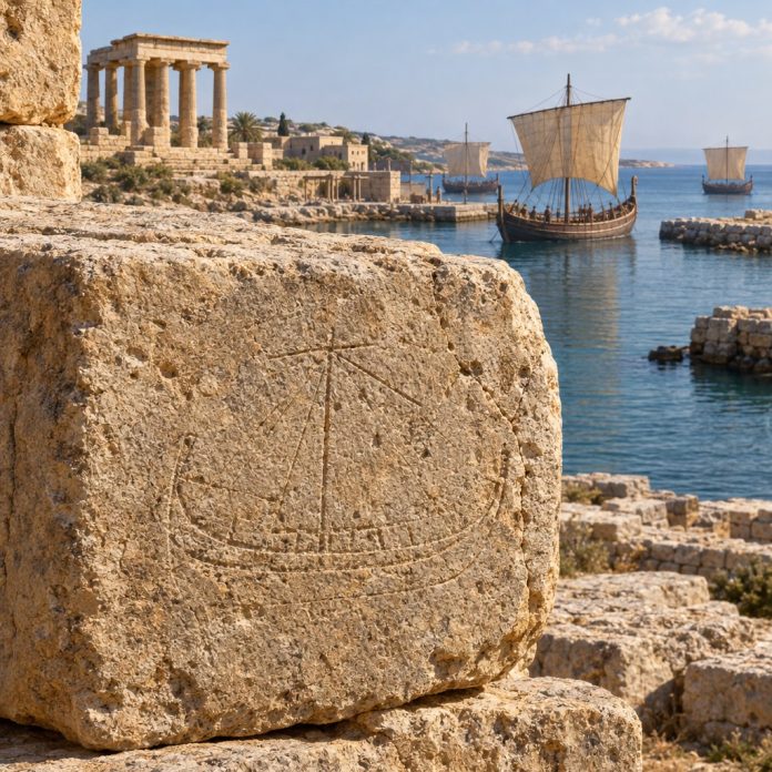 Ricostruzione illustrativa delle incisioni navali sul tempio di Kition a Cipro, rivelate dalle scansioni laser