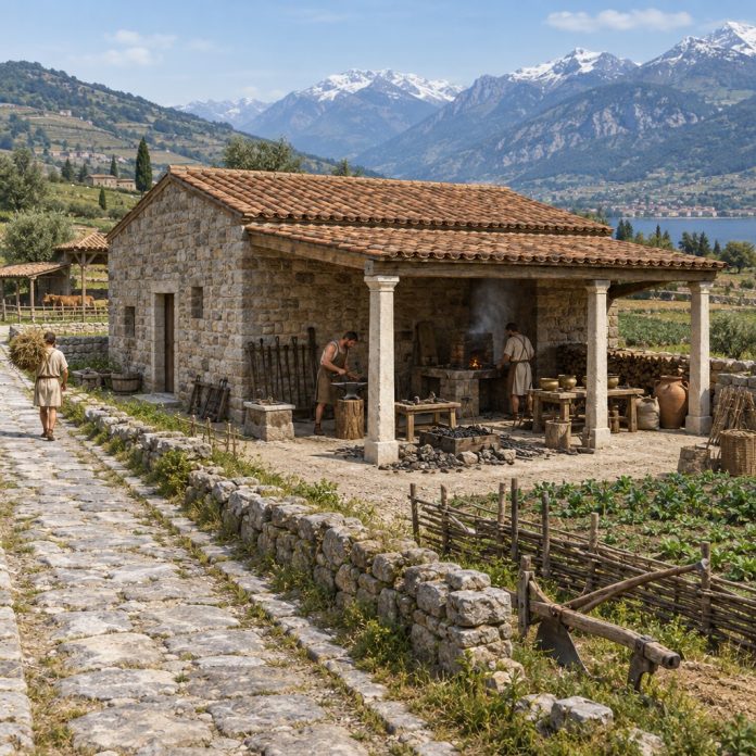 Edificio romano e attività metallurgiche a Ligornetto Ricostruzione illustrativa dell’edificio romano di Ligornetto con strada, portico e area di lavorazione dei metalli