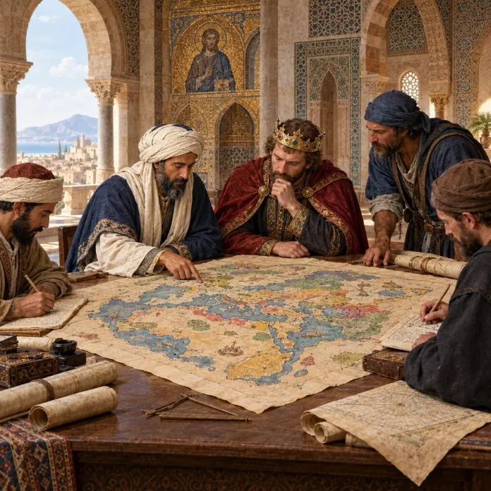 Al-Idrisi e la mappa del mondo alla corte di Palermo Ricostruzione illustrativa di al-Idrisi e Ruggero II mentre osservano una grande carta geografica nella Palermo del XII secolo
