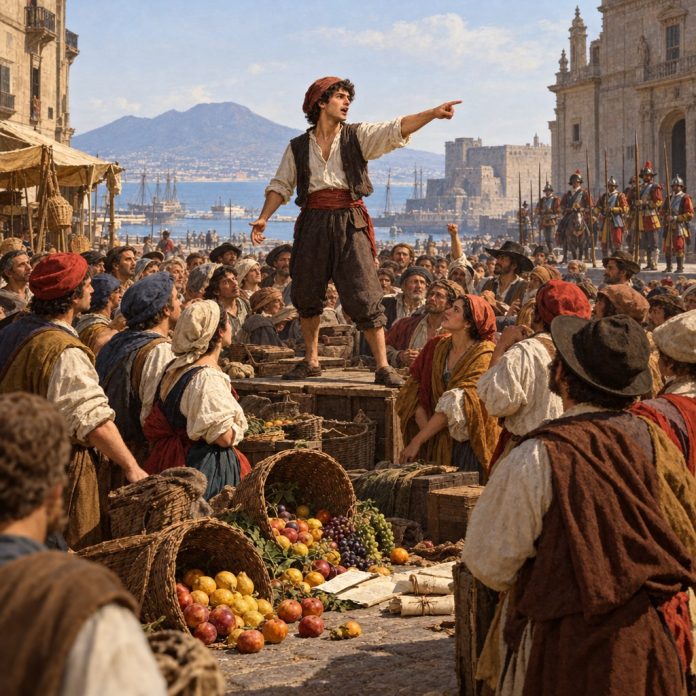 Ricostruzione illustrativa di Masaniello alla guida della rivolta di Napoli in piazza Mercato nel luglio 1647