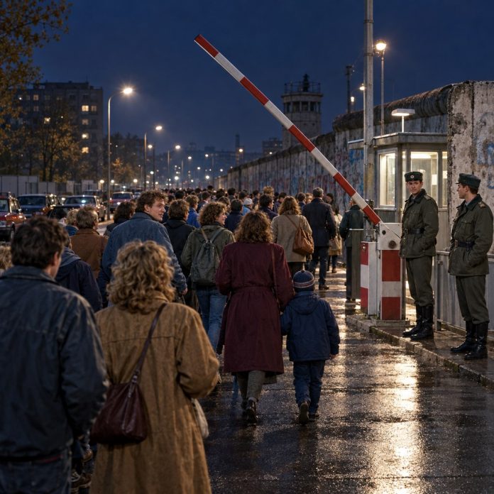 Ricostruzione illustrativa dell’apertura del valico di Bornholmer Straße nella notte del 9 novembre 1989