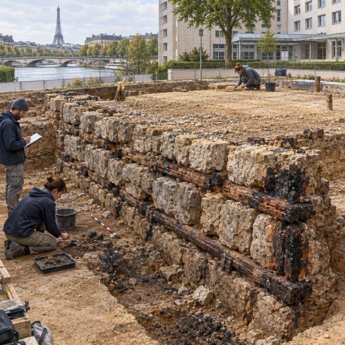 Ricostruzione illustrativa del muro gallico in pietra e legno emerso sotto l’Hôtel-Dieu di Parigi