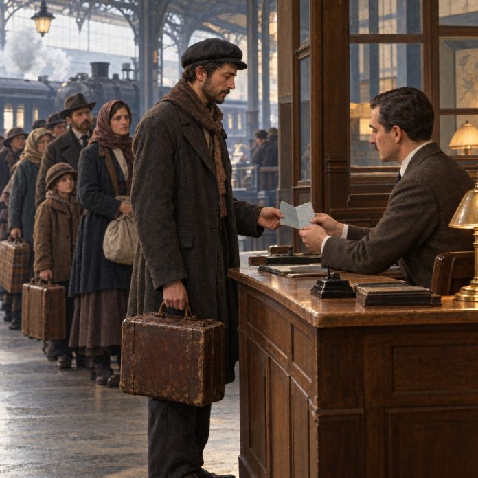 Ricostruzione illustrativa di un rifugiato che riceve un passaporto Nansen in un ufficio di frontiera europeo negli anni Venti