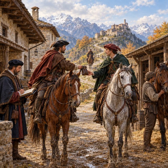 Ricostruzione illustrativa di una staffetta postale dei Tasso con corrieri e cavalli in una stazione alpina del primo Cinquecento