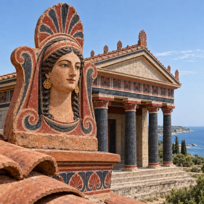Ricostruzione illustrativa del santuario etrusco di Pyrgi con un’antefissa raffigurante la dea Uni nell’area del Tempio B