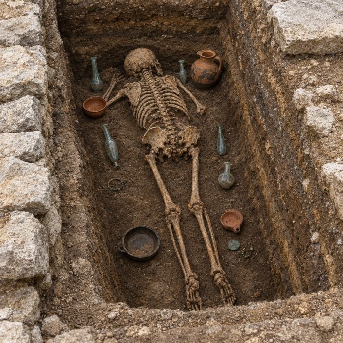 Ricostruzione illustrativa della tomba romana 162 di Salona con il defunto deposto a faccia in giù e il corredo funerario