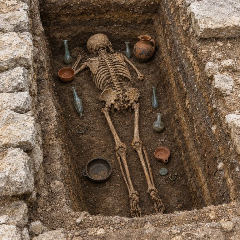 Ricostruzione illustrativa della tomba romana 162 di Salona con il defunto deposto a faccia in giù e il corredo funerario