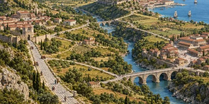 Illustrazione editoriale della rete di strade romane che collega città e province dell’Impero