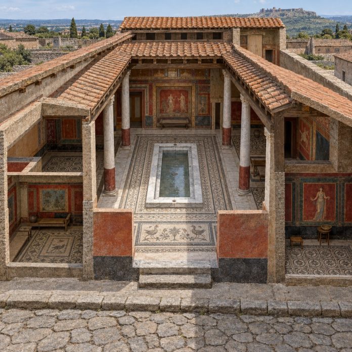 Ricostruzione illustrativa del grande edificio romano imperiale scoperto alla Civita di Tarquinia, con atrio, impluvium e ambienti decorati