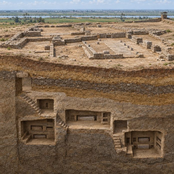 Illustrazione archeologica di Tell el-Yahudiya con tombe rupestri negli strati inferiori e resti di un accampamento romano negli strati superiori
