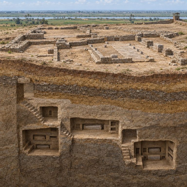 Illustrazione archeologica di Tell el-Yahudiya con tombe rupestri negli strati inferiori e resti di un accampamento romano negli strati superiori